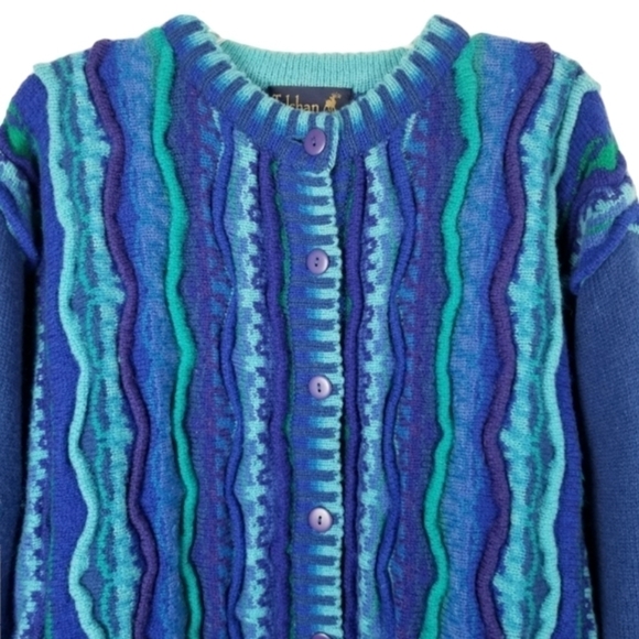 Tulchan Men's Coogi Style Vintage Wool Cardigan Sweater 3D Blue Green Size S/M - Picture 2 of 14